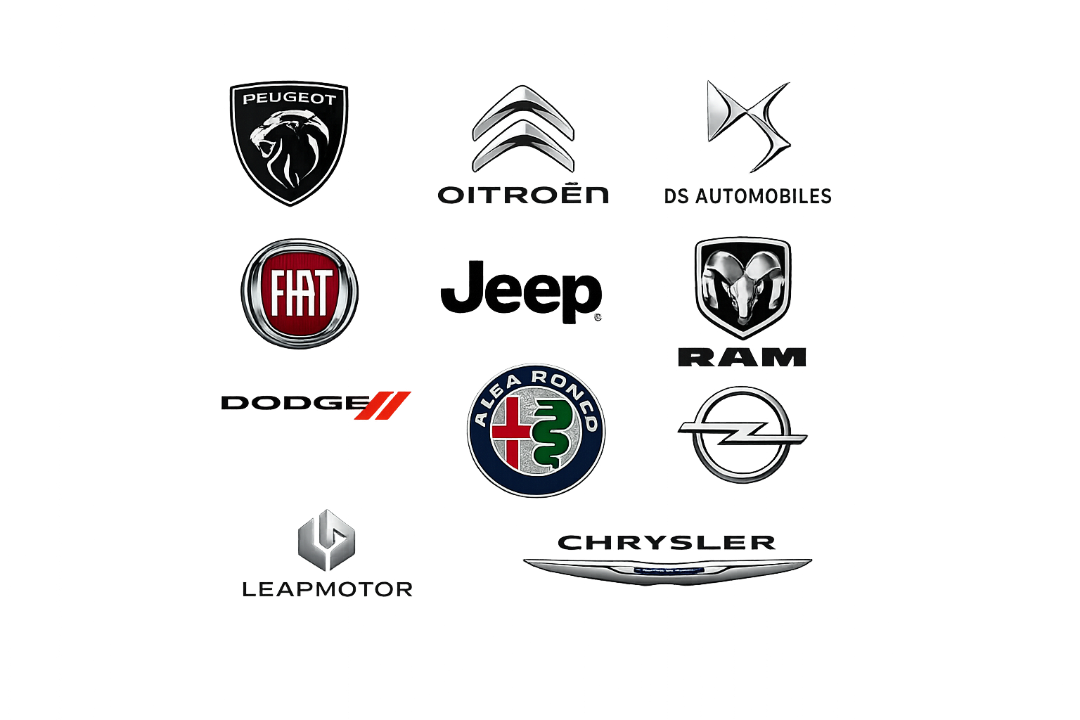 Logos marcas: Peugeot, Citroën, DS Automobiles, Fiat, Jeep, RAM, Dodge, Alfa Romeo, Opel, Leapmotor y Chrysler
